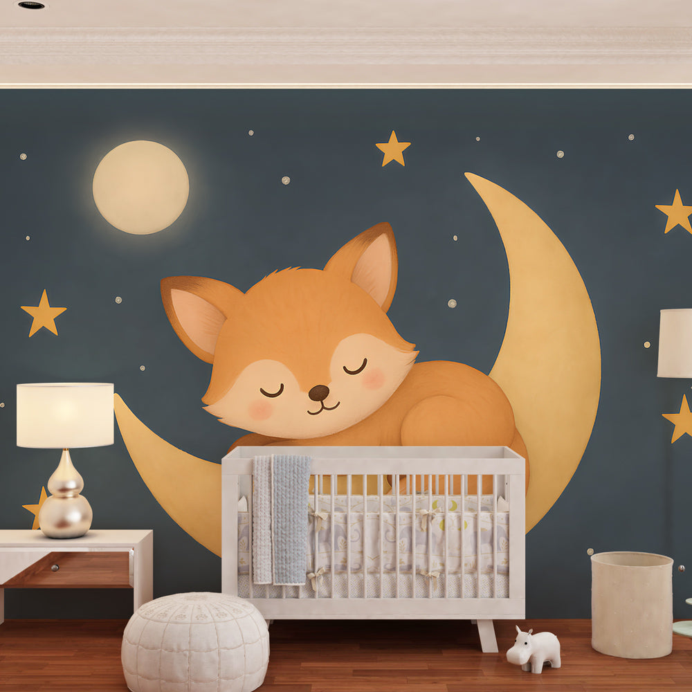 Whimsical fox moon wallpaper creating magical atmosphere in modern kids room interior