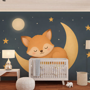 Whimsical fox moon wallpaper creating magical atmosphere in modern kids room interior