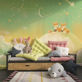 Moon and fox themed mural wallpaper creating whimsical playroom atmosphere for children by Kids-Mundo