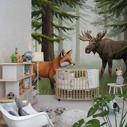 Kids-Mundo forest mural with fox, moose and owl decorating a child's bedroom wall