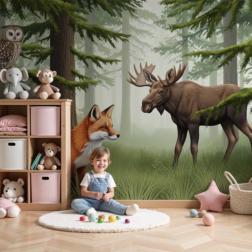 Kids-Mundo fox and moose wall mural styled in a misty-toned nursery with a cot