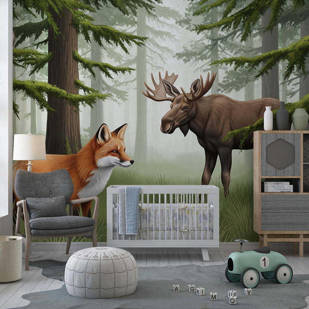 Kids-Mundo misty woodland mural bringing a fox and moose into a children's playroom