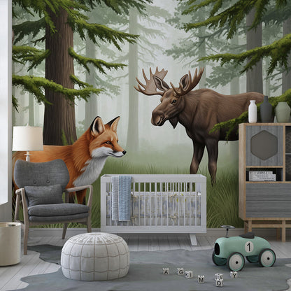 Kids-Mundo misty woodland mural bringing a fox and moose into a children's playroom