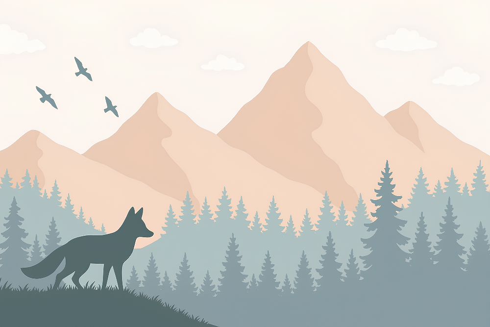 Kids-Mundo flat illustration of a fox silhouette walking beneath peach mountains mural artwork