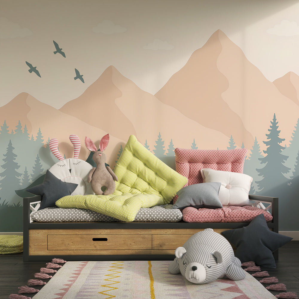 Kids-Mundo fox mountain wall mural brightening a nature-themed children's playroom wall