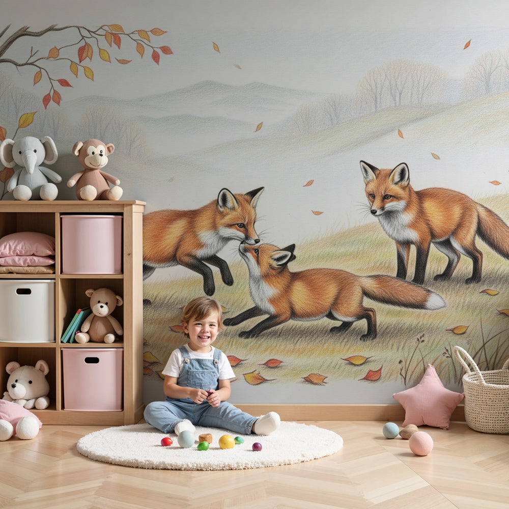 Fox mural wallpaper creating cozy autumn atmosphere in modern children's nursery by Kids-Mundo