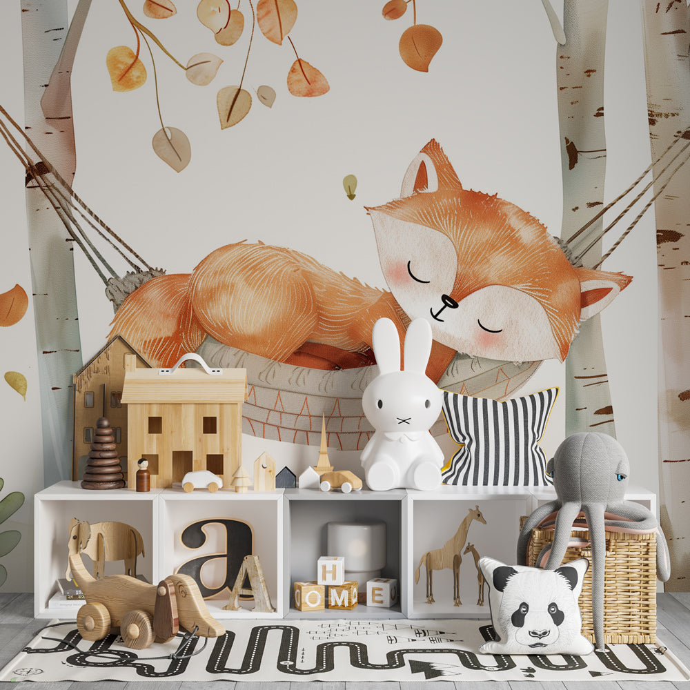 Red fox hammock wallpaper transforming baby room into peaceful forest sanctuary by Kids-Mundo