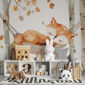 Red fox hammock wallpaper transforming baby room into peaceful forest sanctuary by Kids-Mundo