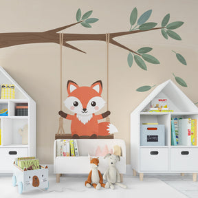 Orange fox on swing mural wallpaper transforming baby room into forest sanctuary