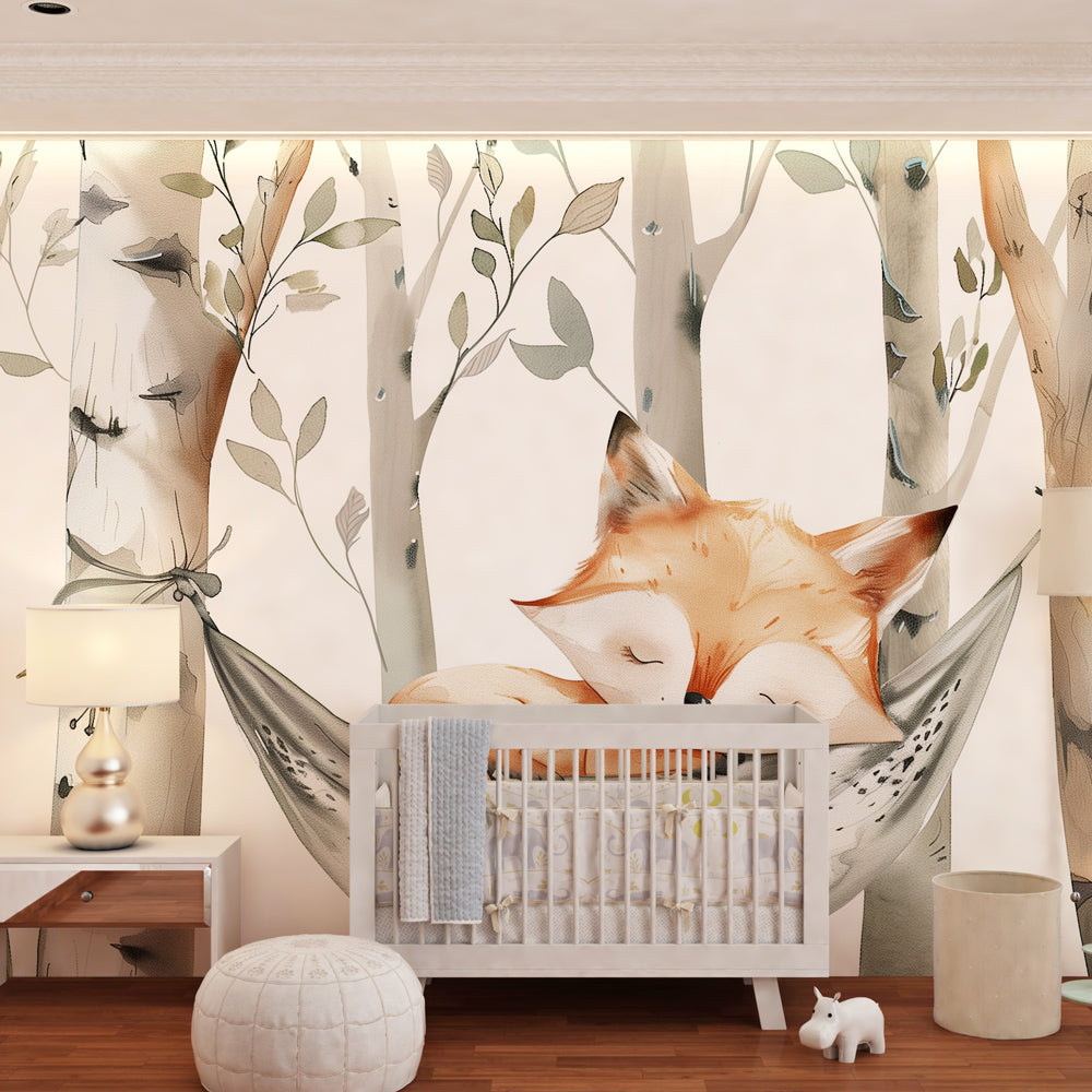 Baby fox in hammock wallpaper transforming toddler bedroom with woodland autumn theme