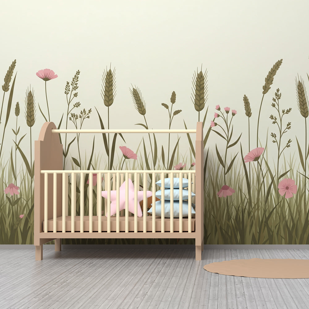 Curious fox wallpaper transforming children's bedroom into peaceful nature sanctuary with blooming flowers