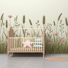 Curious fox wallpaper transforming children's bedroom into peaceful nature sanctuary with blooming flowers