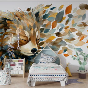 Peaceful fox wallpaper in modern kids bedroom with natural wood furniture and soft lighting