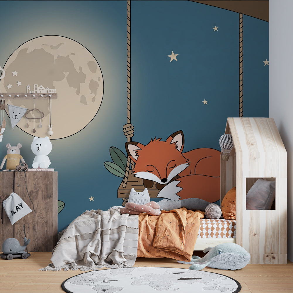 Fox and moon themed mural wallpaper creating magical kids bedroom atmosphere