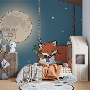 Fox and moon themed mural wallpaper creating magical kids bedroom atmosphere