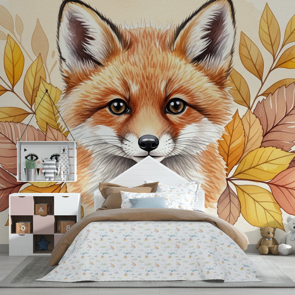 Fox and autumn leaves wallpaper transforming children's bedroom into magical woodland space