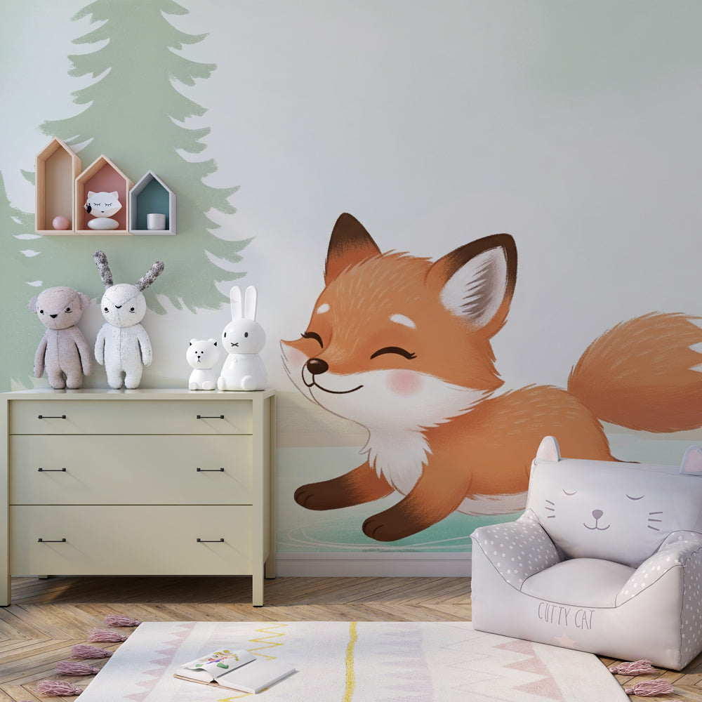 Winter fox wallpaper transforming children's bedroom with natural wood furniture and cozy decor