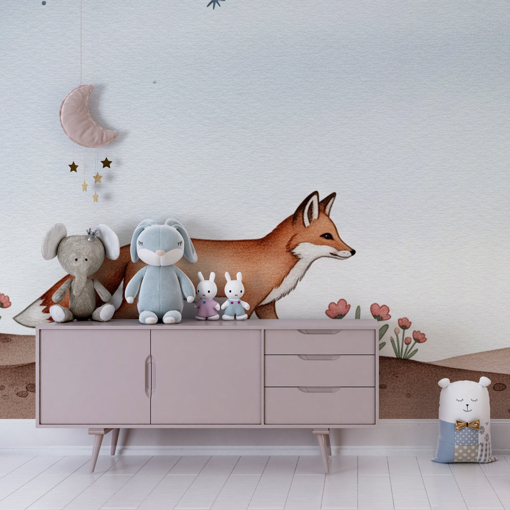 Desert fox wallpaper creating magical atmosphere in children's bedroom with natural furniture