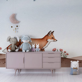 Desert fox wallpaper creating magical atmosphere in children's bedroom with natural furniture