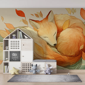 Fox and autumn foliage mural wallpaper creating warm atmosphere in kids bedroom