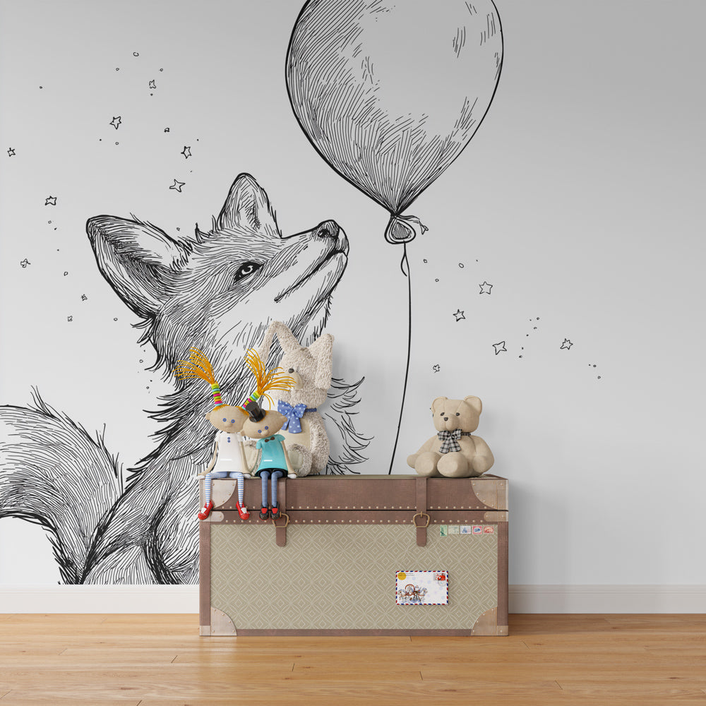 Charming fox and balloon mural wallpaper in modern children's bedroom interior