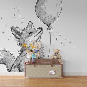 Charming fox and balloon mural wallpaper in modern children's bedroom interior