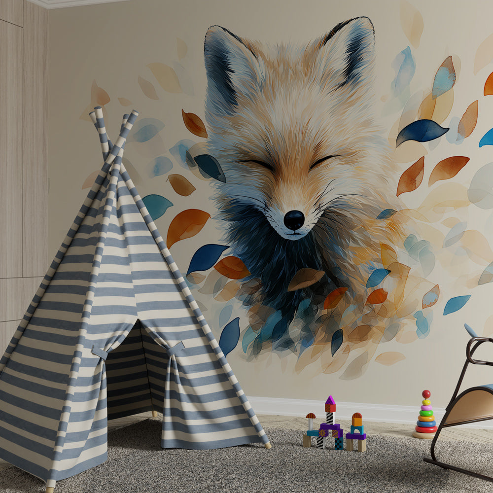 Dancing leaves fox mural wallpaper in bohemian kids room with natural wood furniture