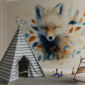 Dancing leaves fox mural wallpaper in bohemian kids room with natural wood furniture