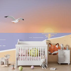 Fox beach sunset wallpaper creating serene children's bedroom decor with pastel colors