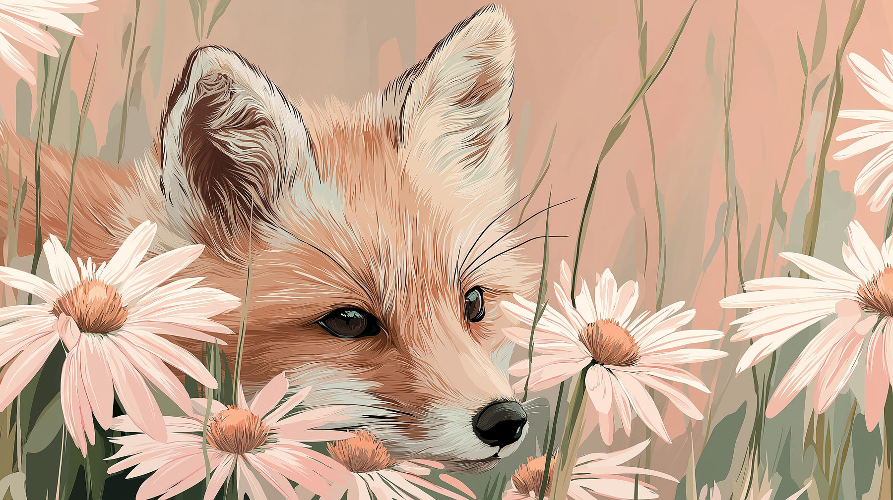 Detailed fox and daisy field mural wallpaper design pattern showing woodland theme by Kids-Mundo