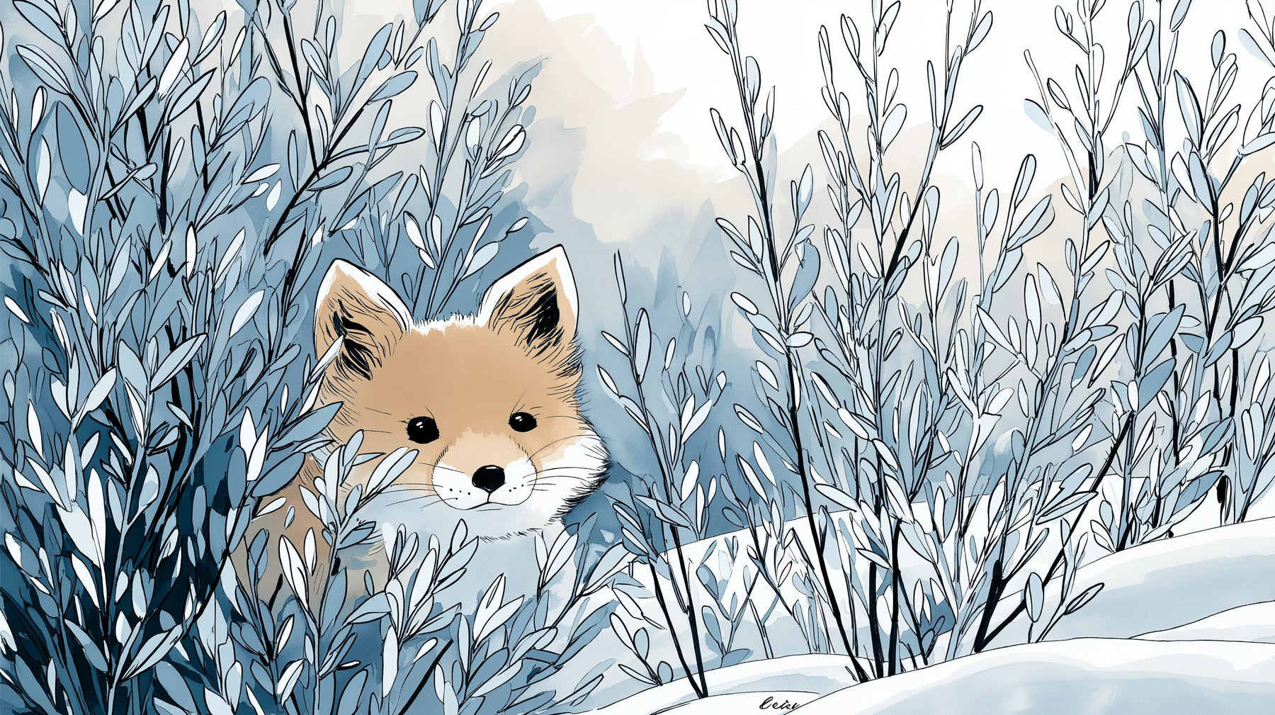 Detailed fox winter woodland mural wallpaper design pattern with blue foliage by Kids-Mundo