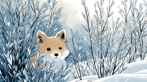 Detailed fox winter woodland mural wallpaper design pattern with blue foliage by Kids-Mundo
