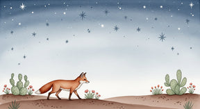 Detailed fox under starry sky mural wallpaper design pattern with desert cacti by Kids-Mundo