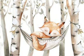 Detailed sleeping fox in hammock mural wallpaper design pattern with autumn birch forest by Kids-Mundo