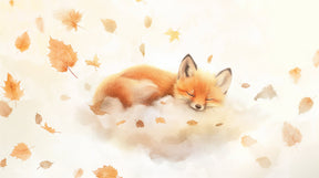 Detailed sleeping fox mural wallpaper design pattern with autumn leaves by Kids-Mundo