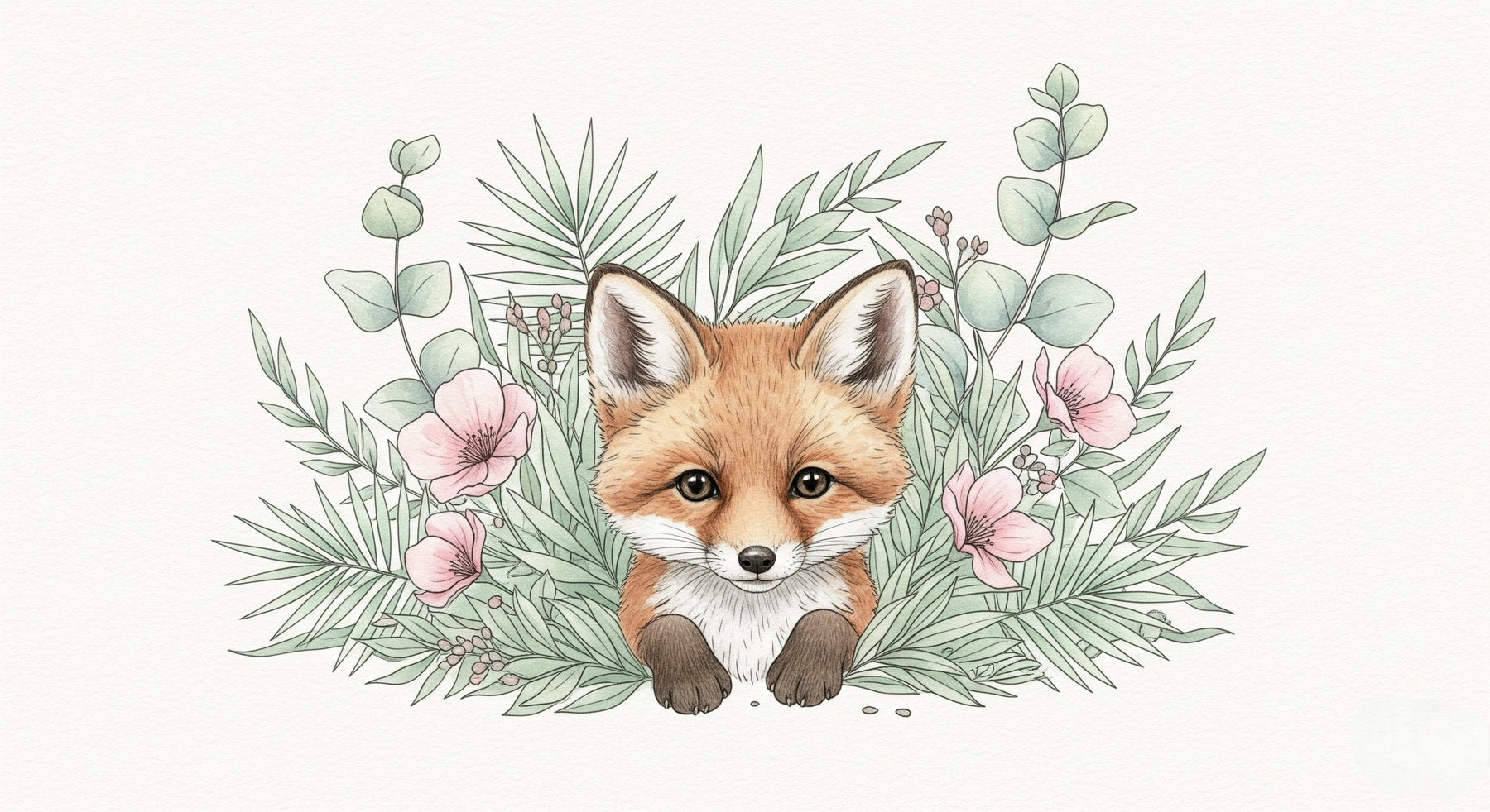 Detailed fox and delicate flowers mural wallpaper design pattern by Kids-Mundo