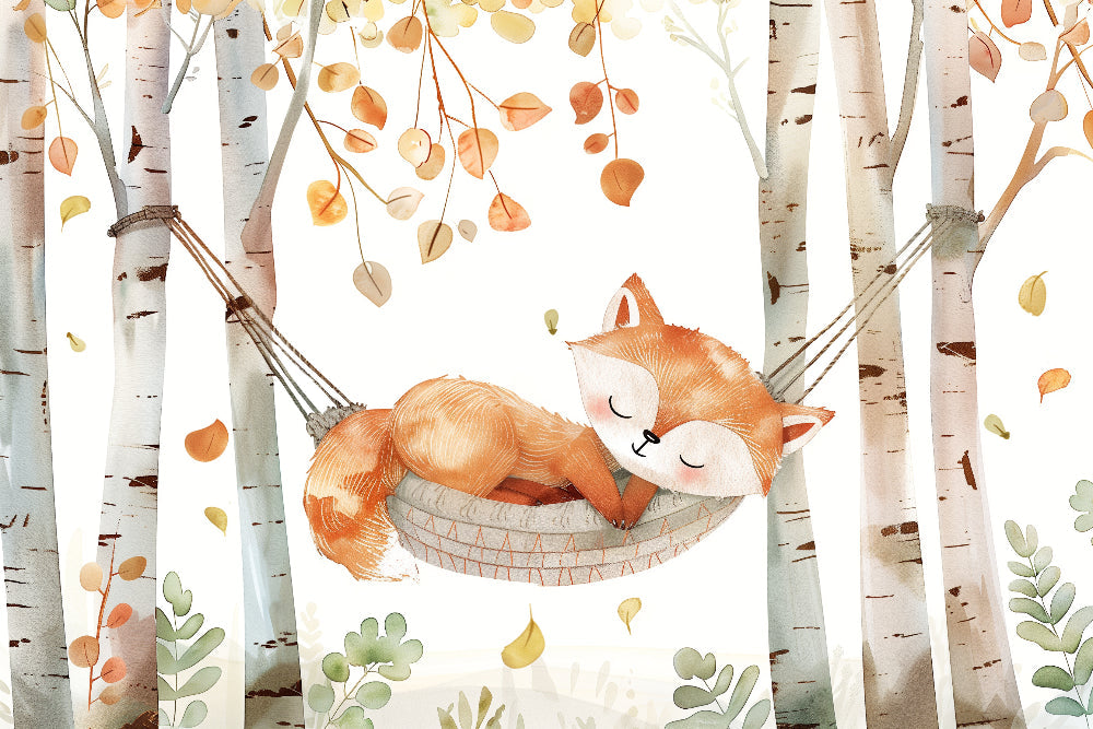 Detailed fox mural wallpaper design pattern showing red fox sleeping in autumn hammock between birch trees
