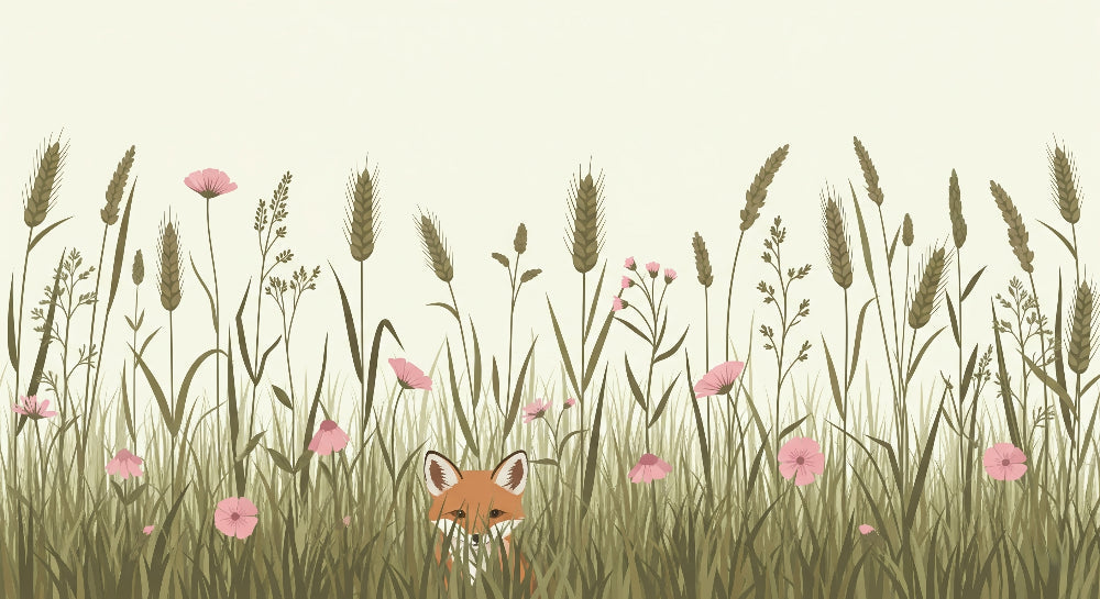 Detailed fox mural wallpaper design pattern showing curious fox in blooming meadow by Kids-Mundo