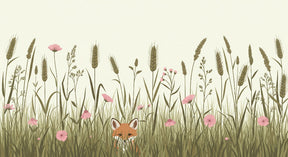 Detailed fox mural wallpaper design pattern showing curious fox in blooming meadow by Kids-Mundo