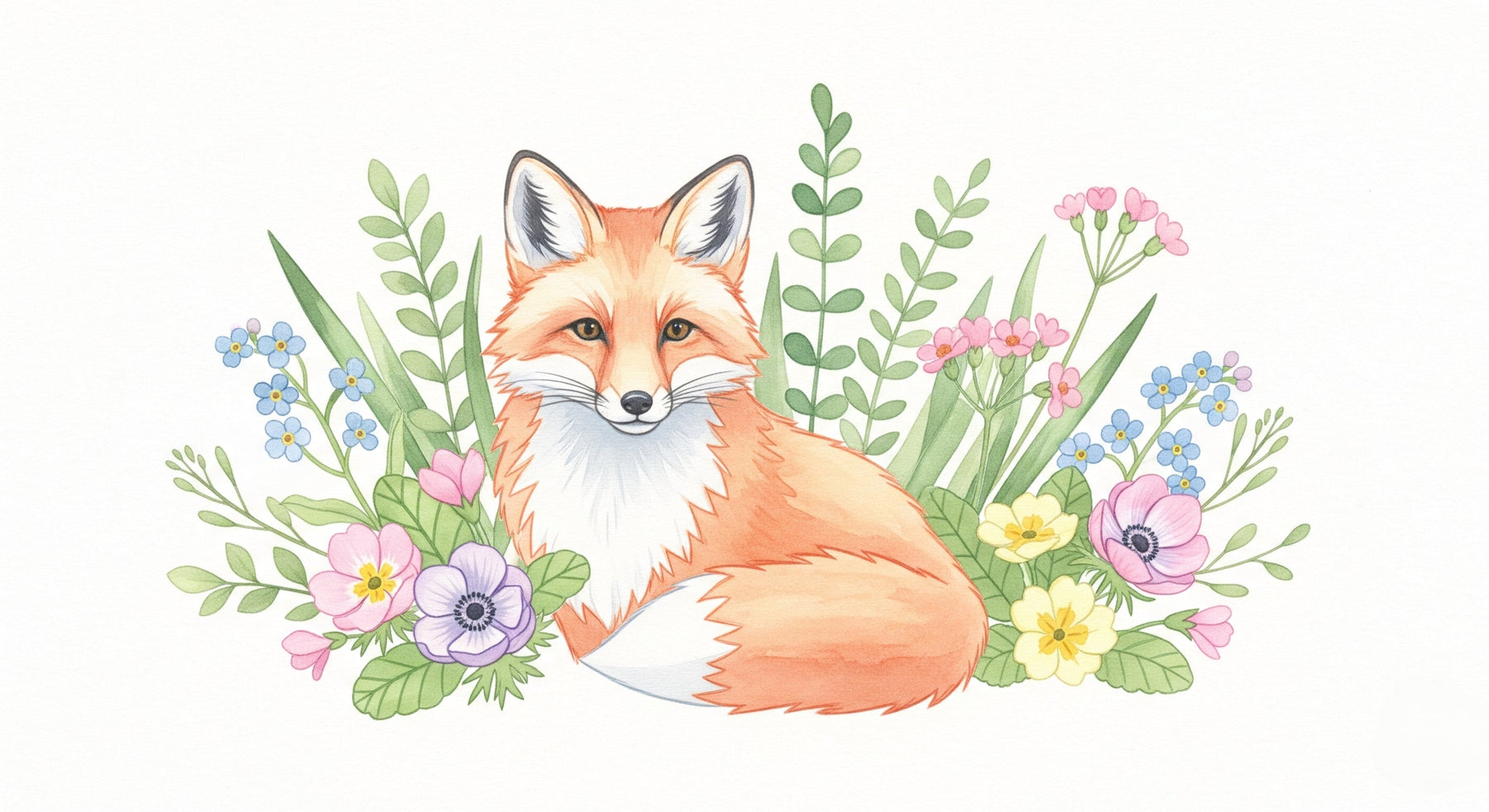 Detailed fox and floral mural wallpaper design pattern featuring orange fox with vibrant flowers by Kids-Mundo