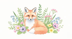 Detailed fox and floral mural wallpaper design pattern featuring orange fox with vibrant flowers by Kids-Mundo