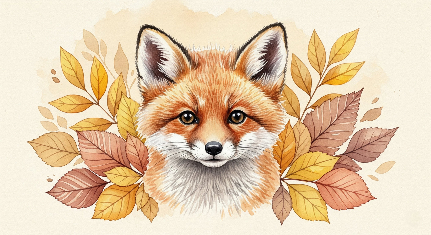 Detailed fox and autumn leaves mural wallpaper design pattern showing artistic woodland illustration