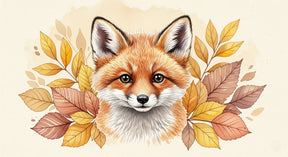 Detailed fox and autumn leaves mural wallpaper design pattern showing artistic woodland illustration