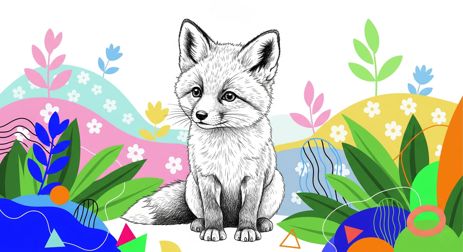 Detailed fox mural wallpaper design pattern showing woodland creature with colorful botanical elements by Kids-Mundo