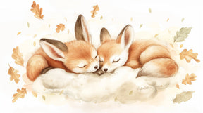 Detailed sleeping foxes mural wallpaper design pattern with autumn leaves by Kids-Mundo
