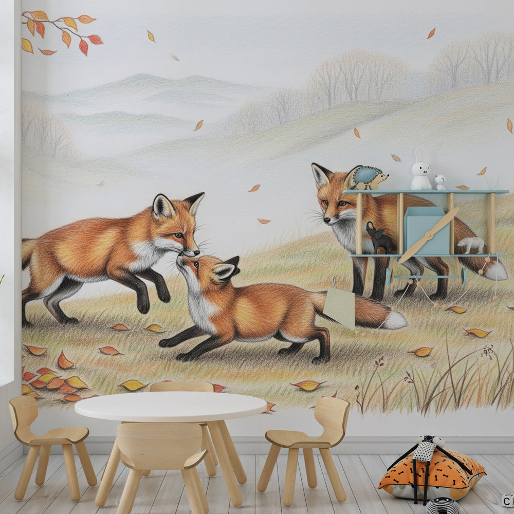 Woodland fox mural wallpaper showing warm autumn colors in children's room setting