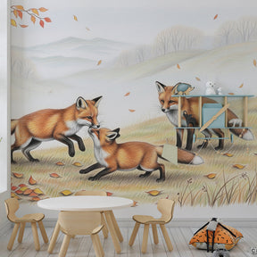 Woodland fox mural wallpaper showing warm autumn colors in children's room setting