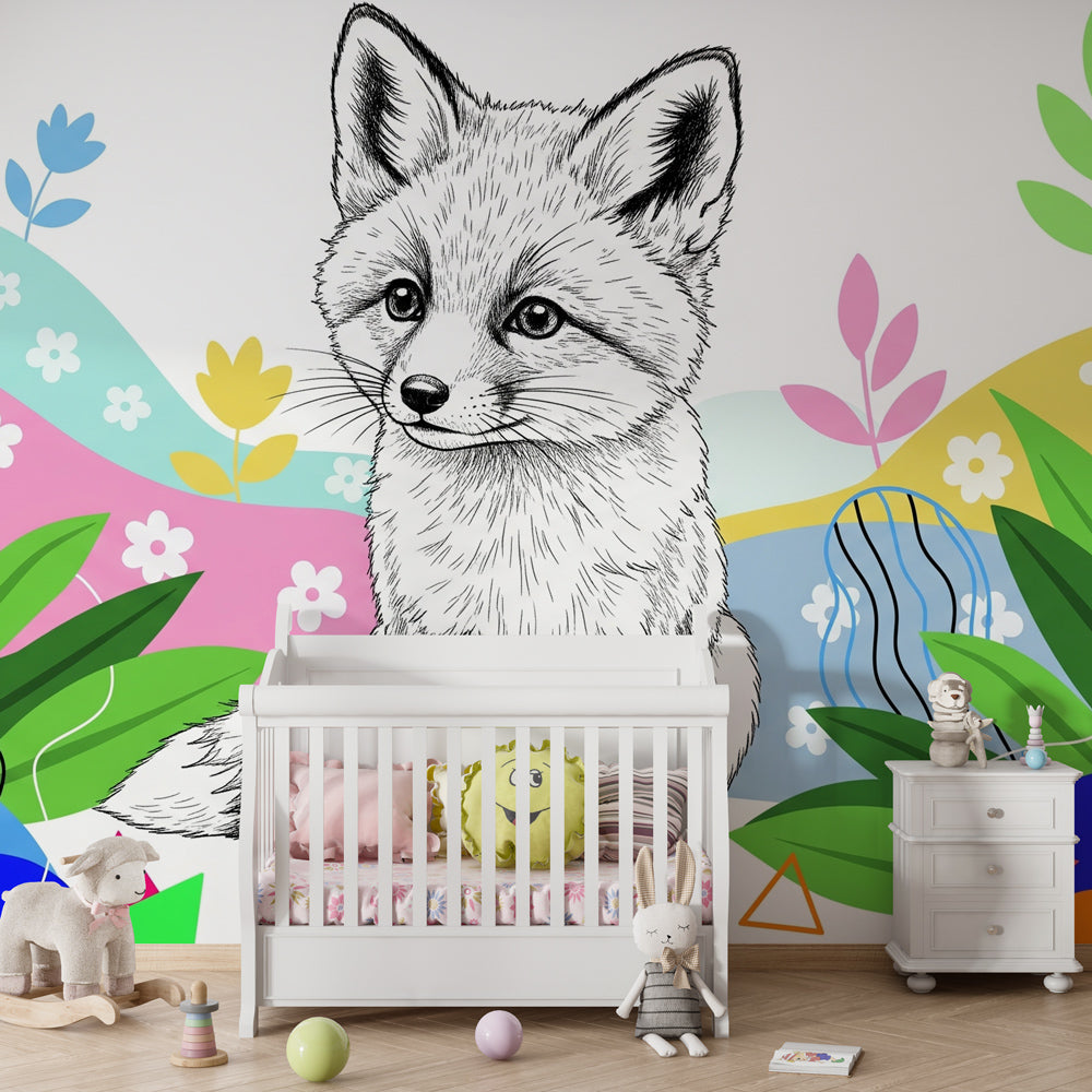 Adorable fox wallpaper transforming children's bedroom with vibrant forest theme and botanical details