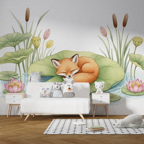 Nature fox wallpaper creating peaceful children's bedroom atmosphere with lily pad design