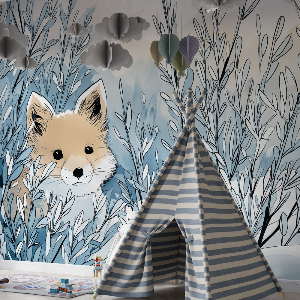 Curious fox wallpaper transforming children's bedroom with magical winter forest theme